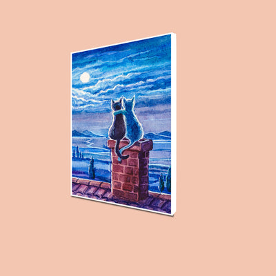 Cats Sitting On Roof Under Moonlight Floating Frame Canvas Wall Painting
