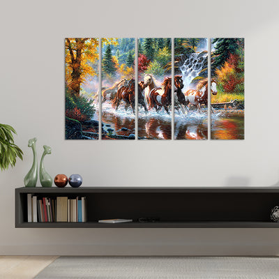 Eight Running Horses Canvas Wall Painting - With 5 Panel