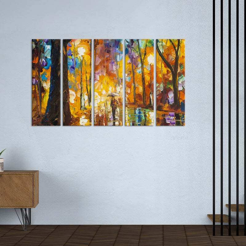 Man In Forest Abstract Canvas Wall Painting - With 5 Panel