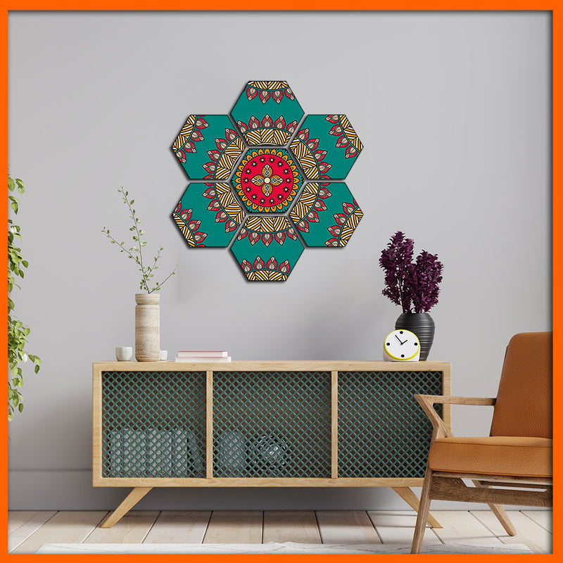 Colorful Pattern Mandala Hexagonal Canvas Wall Painting - 7pcs