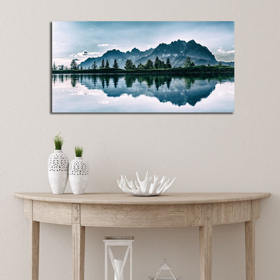 Beautiful Mountain & Tree Reflecting In Lake Canvas Wall Painting