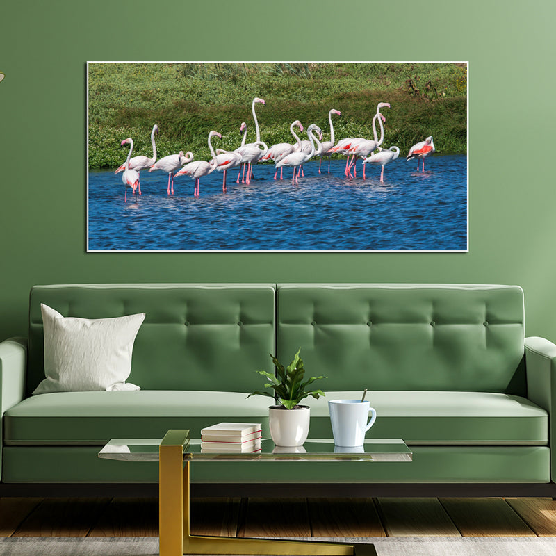 A Group of Flamingos In Water Canvas Floating Frame Wall Painting