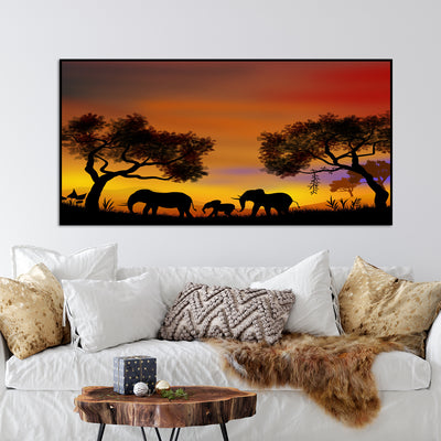 Elephant Family In Forest Floating Frame Canvas Wall Painting