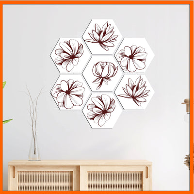 Brown Flowers Hexagonal Canvas Wall Painting - 7pcs
