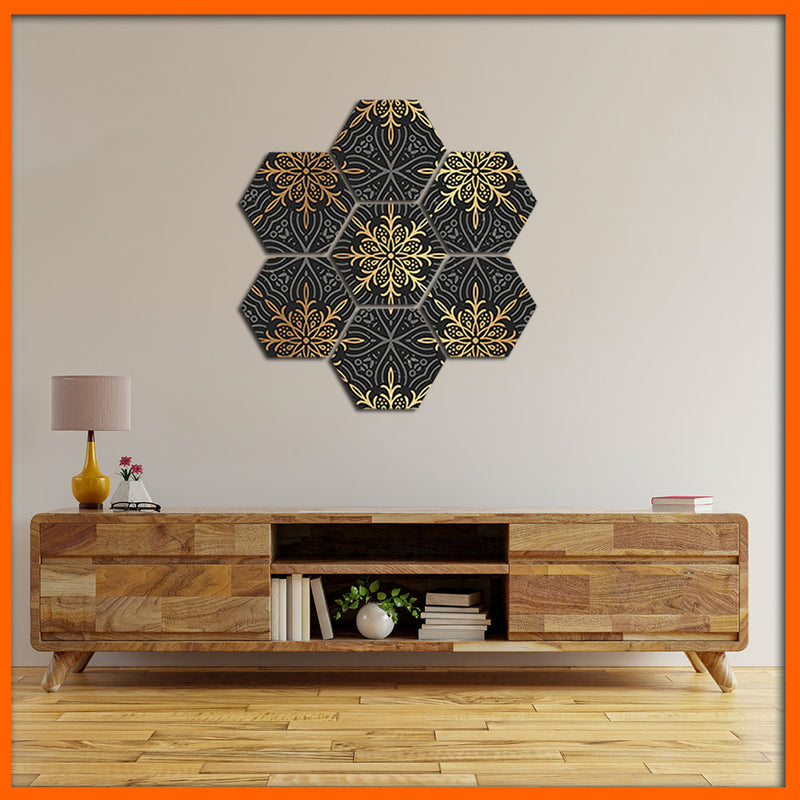 Mandala Golden Floral Pattern Hexagonal Canvas Wall Painting - 7pcs