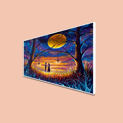 Couple In Forest At Night Under Moon Floating Frame Canvas Wall Painting