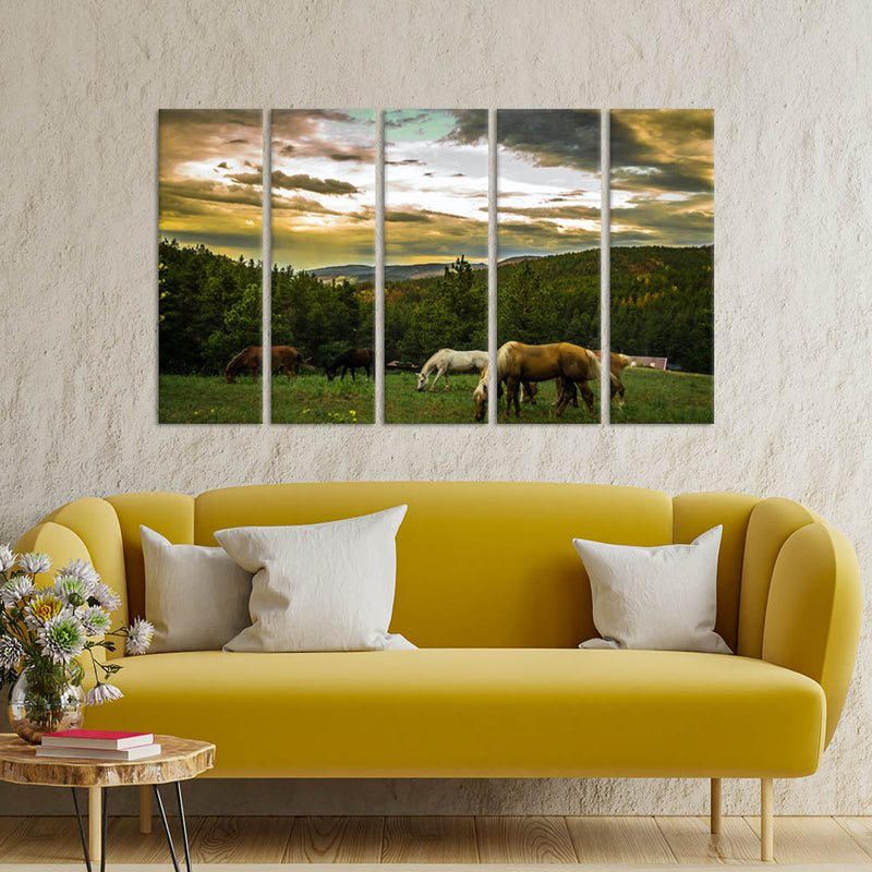 Horses Grazing On Mountain Landscape Canvas Wall Painting - With 5 Panel