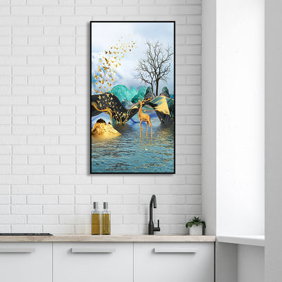Golden Deer In Water View Floating Frame Canvas Wall Painting