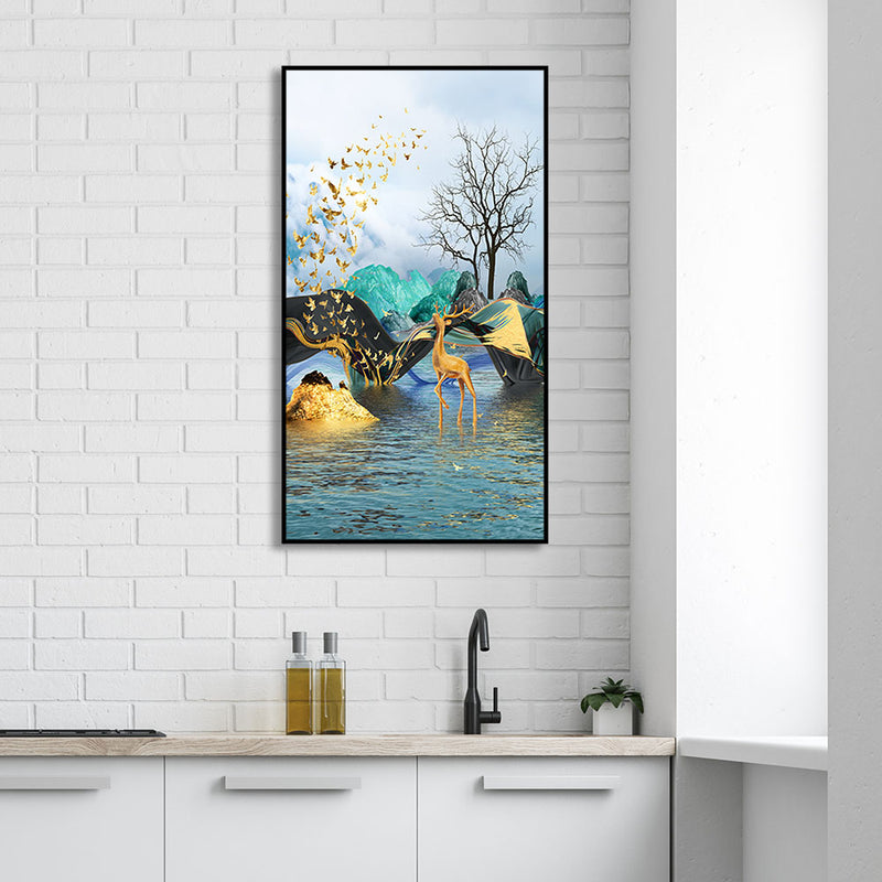 Golden Deer In Water View Floating Frame Canvas Wall Painting