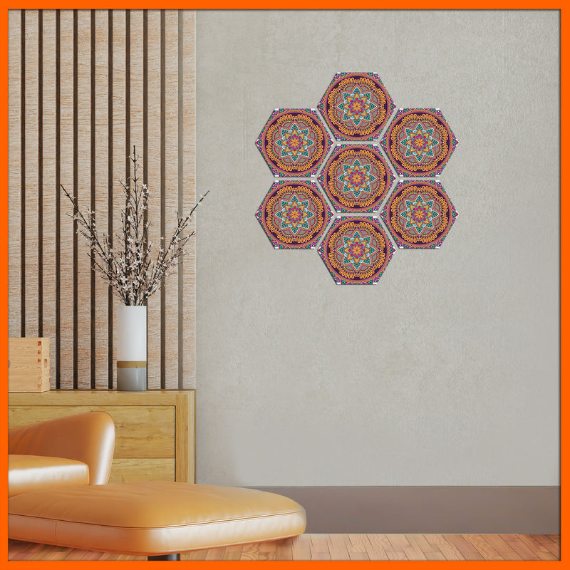 Colorful Mandala Flower Hexagonal Canvas Wall Painting - 7pcs