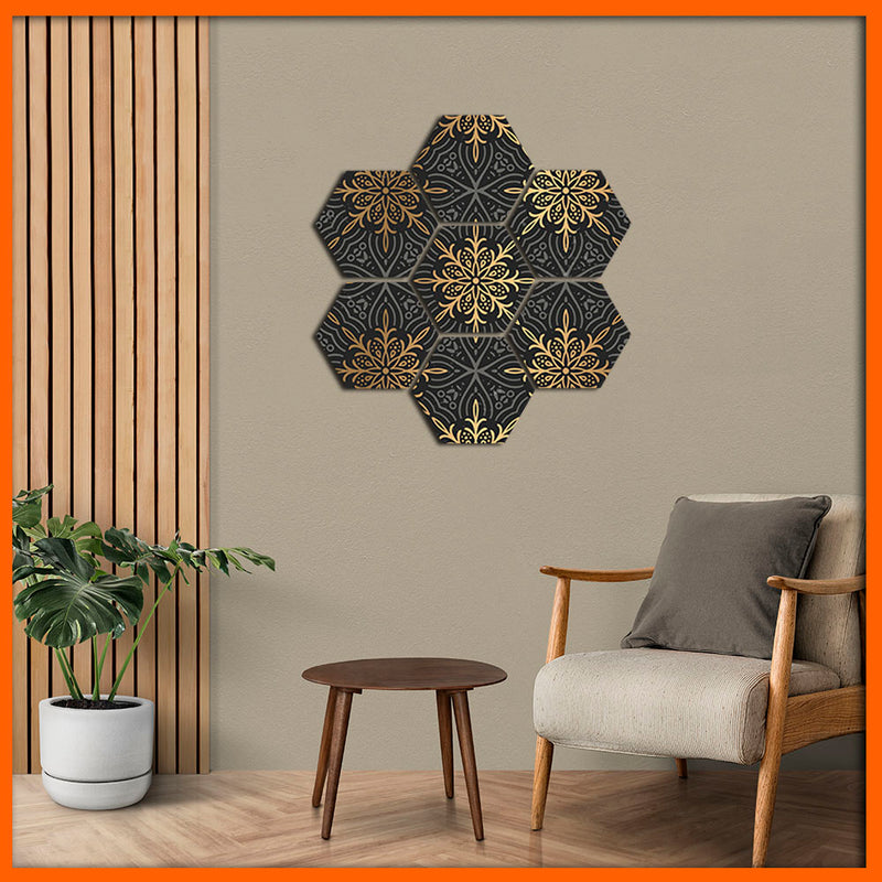 Mandala Golden Floral Pattern Hexagonal Canvas Wall Painting - 7pcs