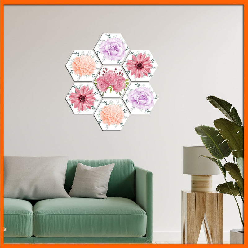 Multi Color Flower Hexagonal Canvas Wall painting - 7pcs
