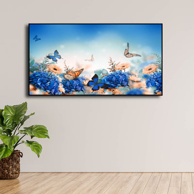 Blue Butterfly With Flower Floating Frame Canvas Wall Painting