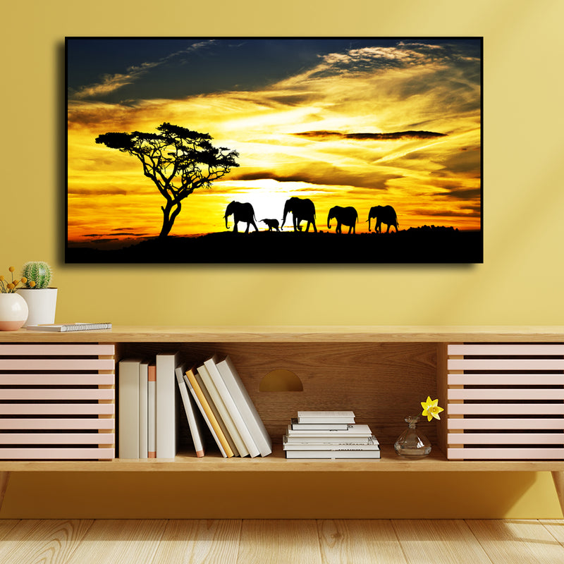 Beautiful View of Elephant Family Canvas Floating Frame Wall Painting