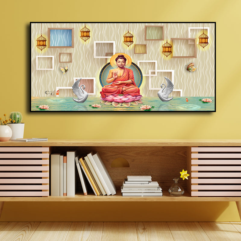 Buddha On Lotus With Swans Floating Canvas Wall Painting