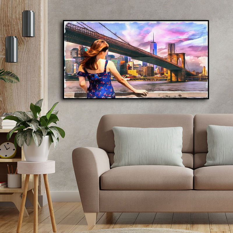 Girl Standing Into Brooklyn Bridge Canvas Floating Frame Painting