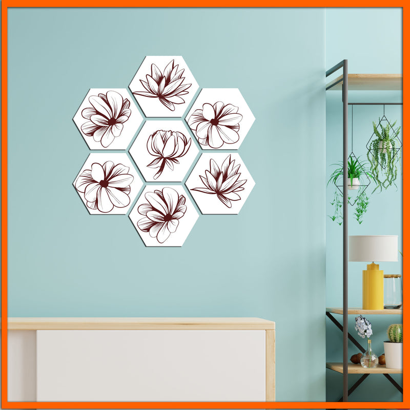 Brown Flowers Hexagonal Canvas Wall Painting - 7pcs