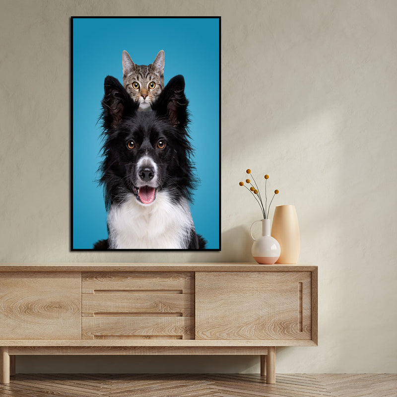 Dog With A Hiding Cat Floating Frame Canvas Wall Painting
