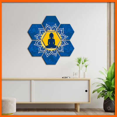 Buddha With Mandala Hexagonal Canvas Wall Painting - 7pcs