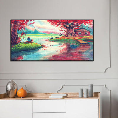 Oil Painting Village Scenery Canvas Floating Frame wall Painting