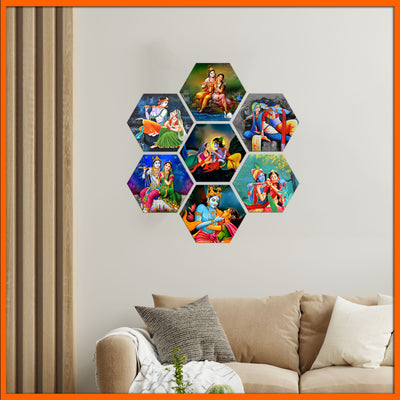 Multiple Radha Krishna Image Hexagonal Canvas Wall Painting - 7pcs