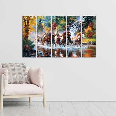 Eight Running Horses Canvas Wall Painting - With 5 Panel