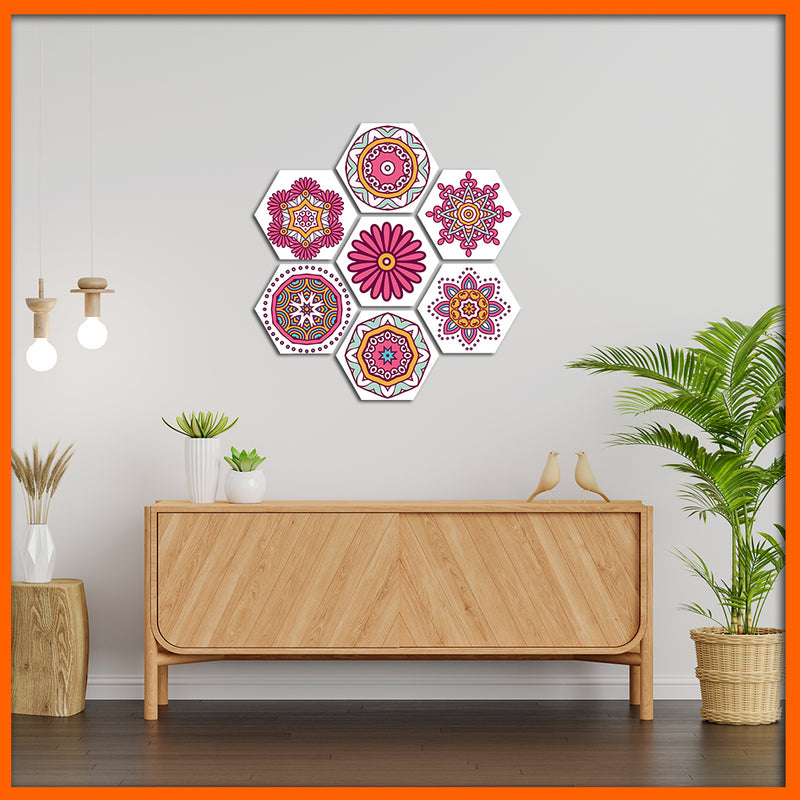 Multiple Pink Flower Hexagonal Canvas Wall Painting - 7pcs