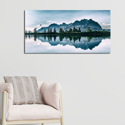 Beautiful Mountain & Tree Reflecting In Lake Canvas Wall Painting