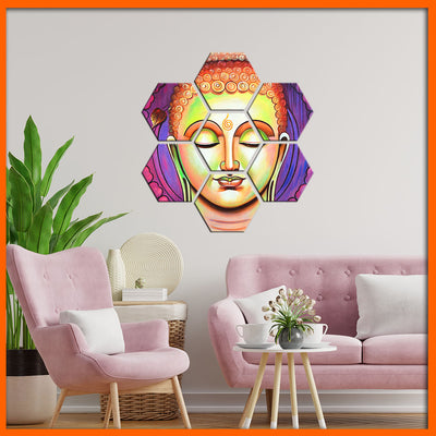 Acrylic Color Portrait Buddha Hexagonal Canvas Wall Painting - 7pcs