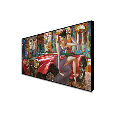 Girl With Car Abstract Floating Frame Canvas Wall Painting