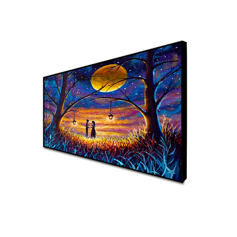Couple In Forest At Night Under Moon Floating Frame Canvas Wall Painting
