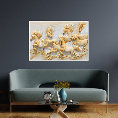 Seven Golden Horses Running Floating Frame Canvas Wall Painting