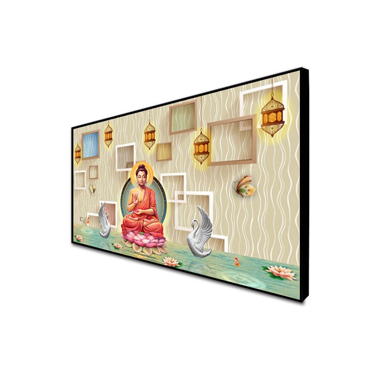 Buddha On Lotus With Swans Floating Canvas Wall Painting