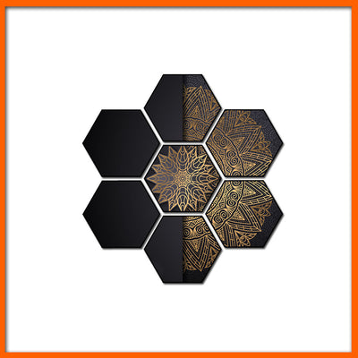 Beautiful Golden Half Flower Hexagonal Canvas Wall Paining - 7pcs