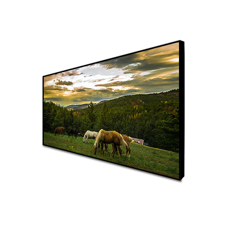 Horses Grazing On Mountain Landscape Floating Frame Canvas Wall Painting