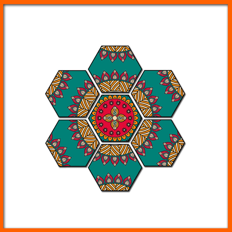 Colorful Pattern Mandala Hexagonal Canvas Wall Painting - 7pcs