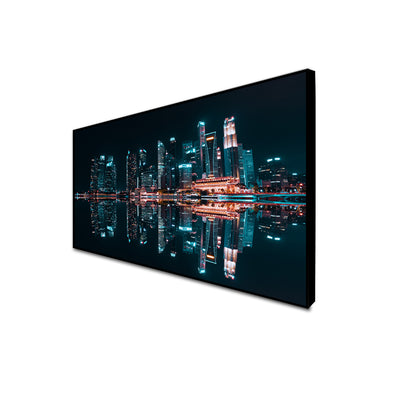 City Reflection At Night Canvas Floating Frame Wall Painting