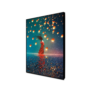 Girl With Sky Lanterns Floating Frame Canvas Wall Painting