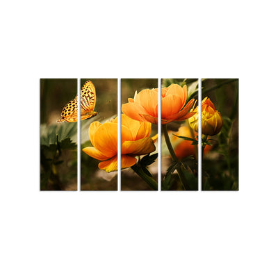 Butterfly Sitting On Flower Canvas Wall Painting - With 5 Panel