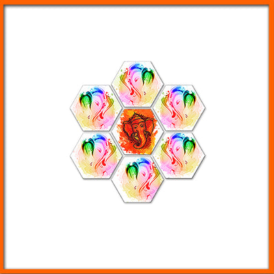 Colorful Abstract Ganesha Hexagon Canvas Wall Painting - 7pcs