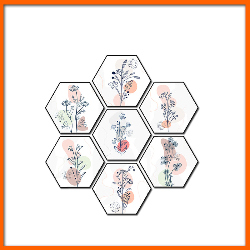 Different Illustrative Flower Hexagonal Canvas Wall Painting - 7pcs