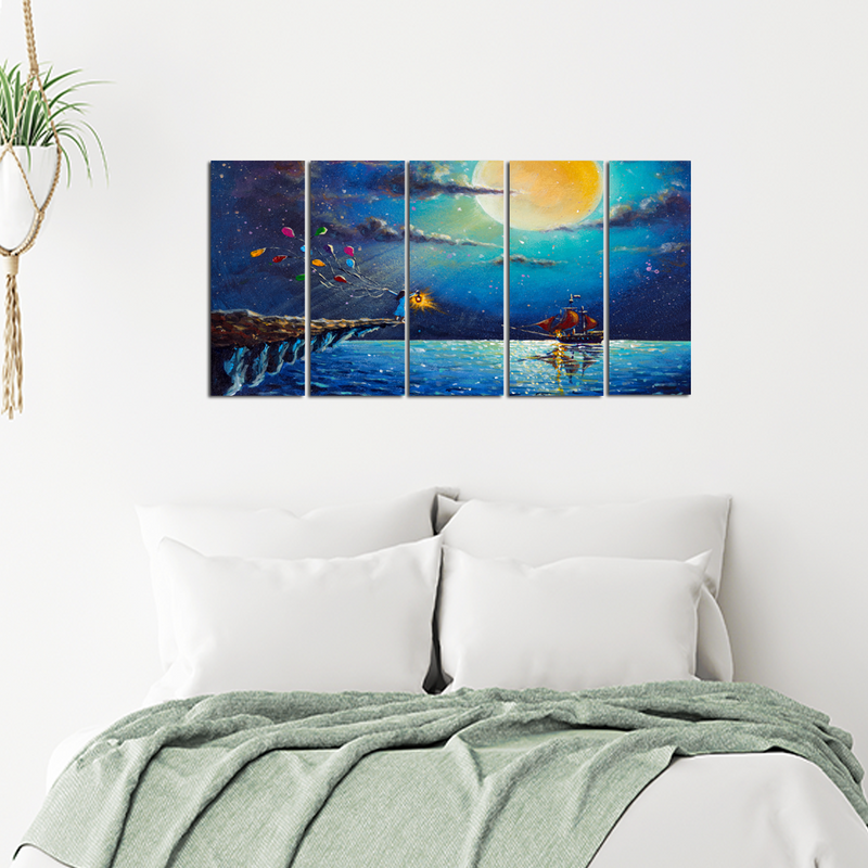 Boat & Girl Artistic Night Scenery Canvas Wall Painting - With 5 Panel