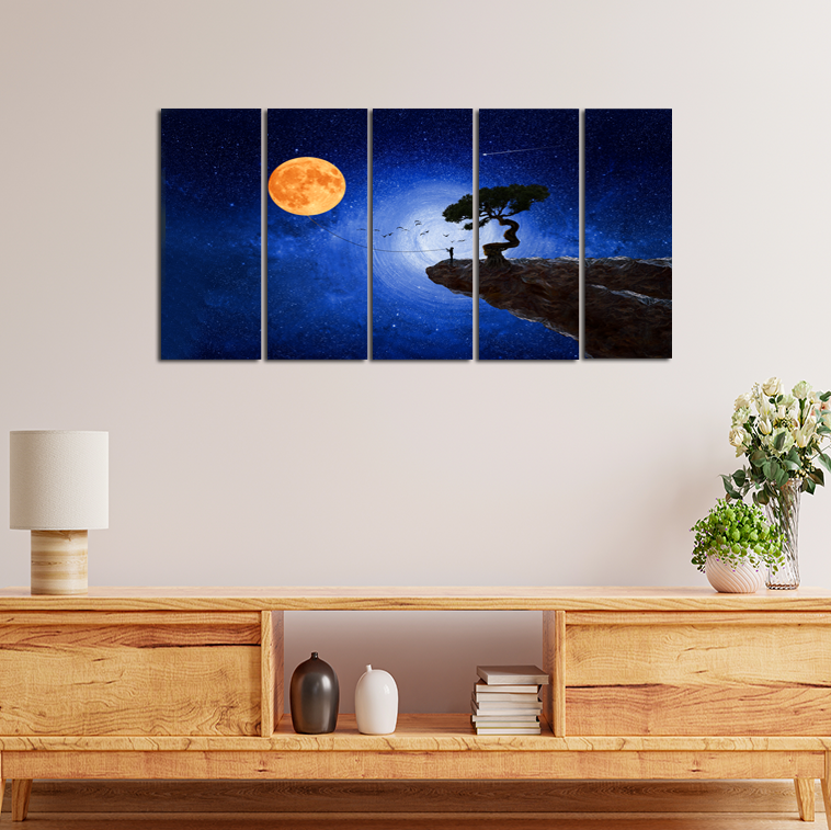 Child Catches The Moon Canvas Wall Painting - With 5 Panel
