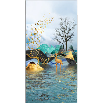 Golden Deer In Water View Canvas Wall Painting