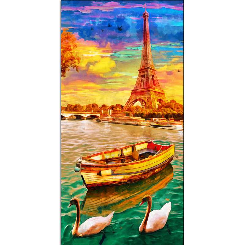 Eiffel Tower View With River & Boat Canvas Wall Painting