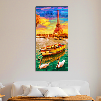 Eiffel Tower View With River & Boat Canvas Wall Painting