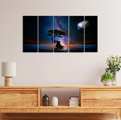 Glittery Night Over The Lake With Tree Canvas Wall Painting - With 5 Panel