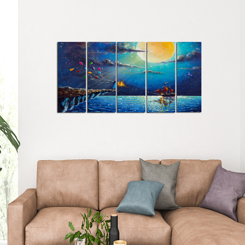 Boat & Girl Artistic Night Scenery Canvas Wall Painting - With 5 Panel