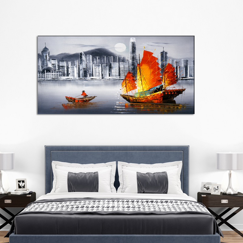 Colorful Boat In Grey Background Canvas Wall Painting