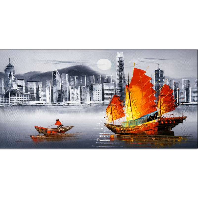 Colorful Boat In Grey Background Canvas Wall Painting